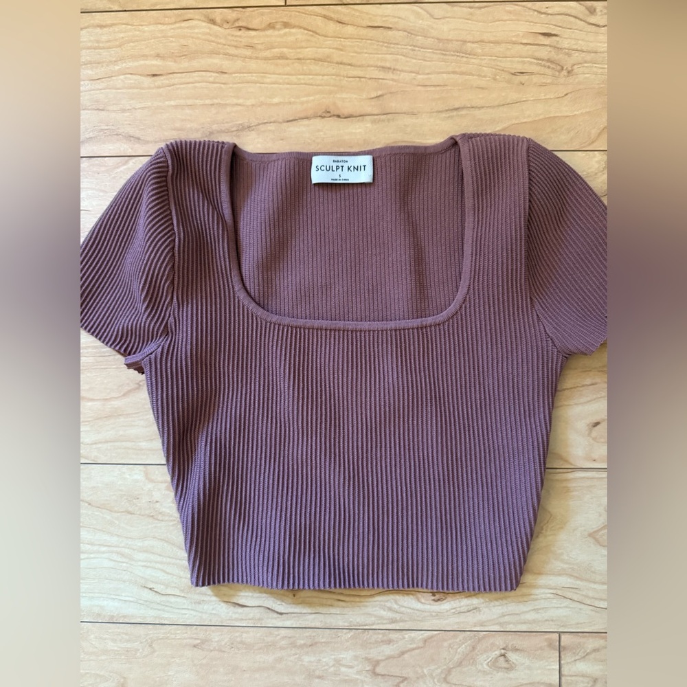 Babaton Purple Ribbed Crop Blouse Cap Sleeve